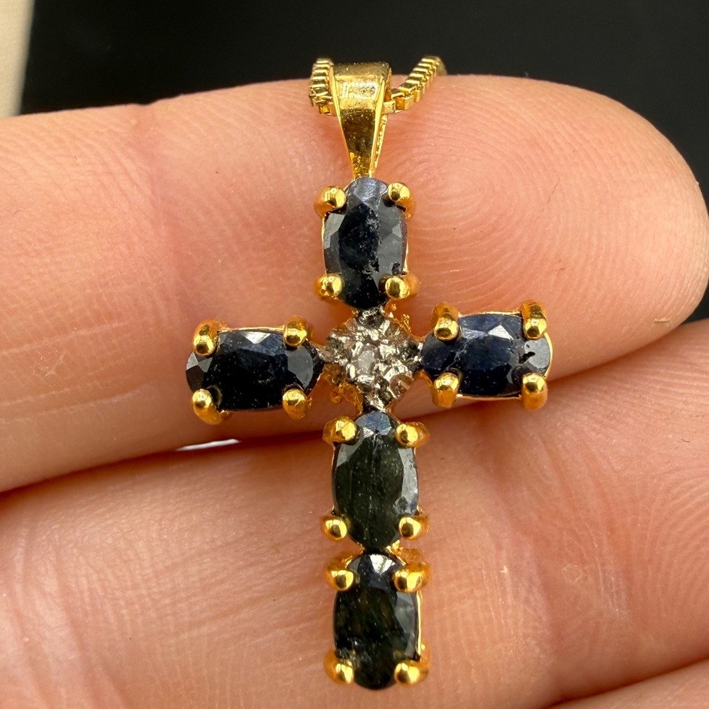 Sterling Silver Cross Necklace Dark Blue Rhinestone Signed FAS 18”